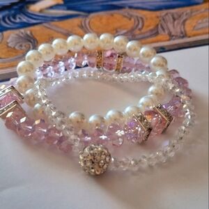 Set Of 3 Bracelts , Pearl, Crystal,